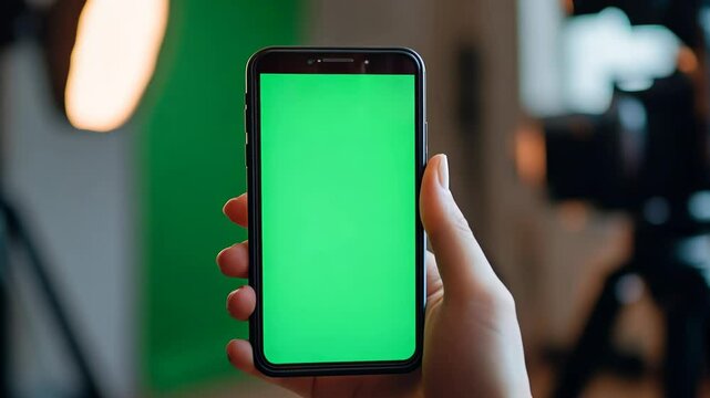 Hand Holding Smartphone with Green Screen in Studio Setup