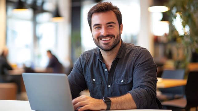Smiling Young Professional Working on Laptop in Modern Office Environment with Natural Light