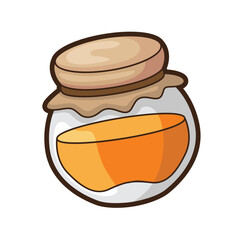 Jar filled with orange liquid, brown lid, tied with brown string. Suitable for food and beverage packaging design projects