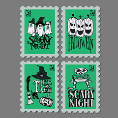 Halloween post stamps  character design illustration. Set of cuet Halloween elements. On  Background