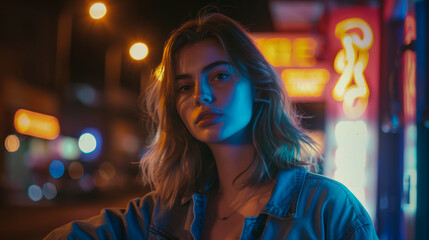 Young woman posing under neon lights in an urban setting at night. A woman stands confidently beneath vibrant neon lights in a city at night