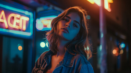 Young woman posing under neon lights on a city street at night. A young woman stands confidently under vibrant neon lights