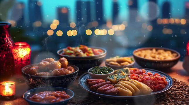 Delicious meal on a table with a stunning cityscape backdrop, blending urban elegance with a gourmet dining experience
 seamless looping 4k time-lapse virtual video animation background. generated ai