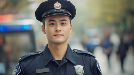 Obraz premium Portrait of a Confident Police Officer in Uniform Standing Outdoors on a Busy City Street
