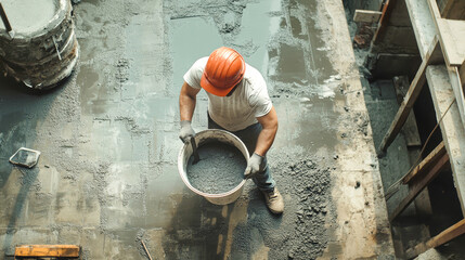 A dedicated worker blends cement in a bucket at a construction site, showcasing skill and focus while surrounded by raw, unfinished concrete elements