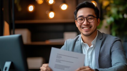 Confident Business Professional Smiling at Desk with Document in Modern Office Setting