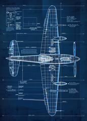 Blueprint design of a historic aircraft on a blue background. This detailed blueprint shows the engineering design of a historic aircraft
