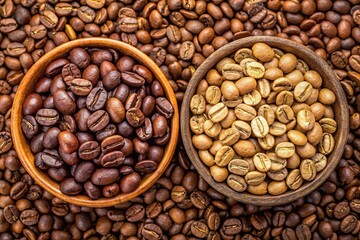 Fototapeta premium Bird's eye view of roasted and raw unroasted coffee beans seed
