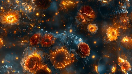 A charming skull adorned with vibrant floral decorations, roses, and marigolds, with intricate details in the petals and soft glowing lights, set against a dark mystical background,