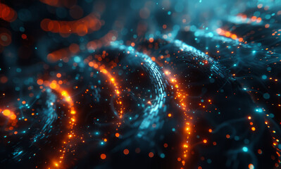 Obraz premium Colorful light trails and particles in a dark abstract background. Dynamic light trails and glowing particles create a vibrant abstract design