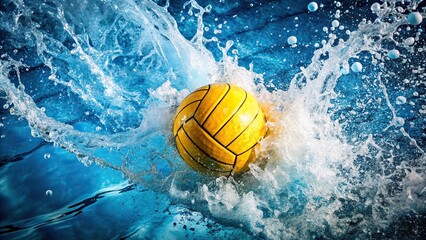 Bird's eye view of water polo ball in water with splash