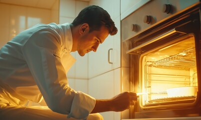 A dedicated chef in a professional kitchen kneels to check a dish baking in the oven. His concentration and attention to detail highlight the precision involved in culinary preparation