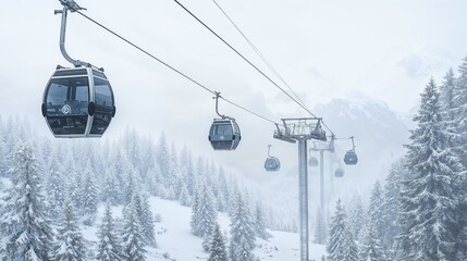 Obraz premium A ski lift is climbing up a snowcovered mountain area with trees