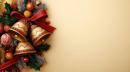 Christmas Bells and Ornaments on Beige Background.