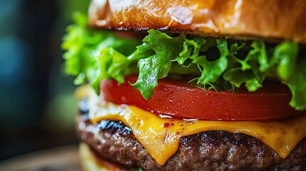A close-up of a delicious burger with lettuce, tomato, and melted cheese.