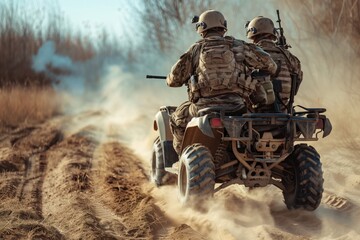 military men on buggies are rushing along a dirt road