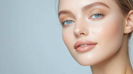 Obraz premium Close-up portrait of a beautiful woman with glowing skin and captivating blue eyes, exemplifying natural beauty and confidence.