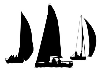 Sports yacht with sail in sea on white background