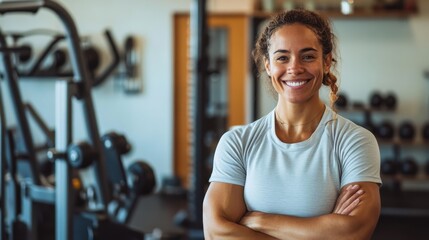 Confident Female Athlete Smiling in Modern Gym with Fitness Equipment in Background