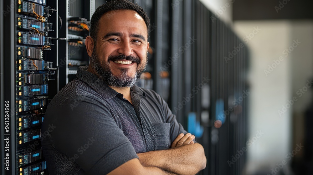 Poster confident it professional smiling in data center with server racks in background