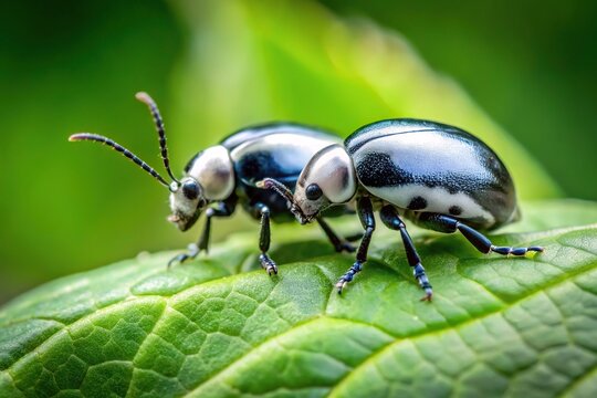 Black and white fairy beetles crawling on lush green leaves from a low angle