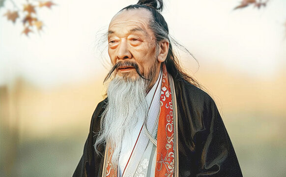Lao Tzu, an ancient Chinese philosopher writer, sits in a kimono with a long gray beard. Teacher of metaphysical Taoist teachings.