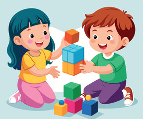 Obraz premium Happy children playing and building with blocks