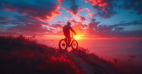 Obraz premium A cyclist enjoying a sunset view from a mountain top. A mountain biker stands on a ridge, watching the vibrant sunset colors blend in the sky at dusk