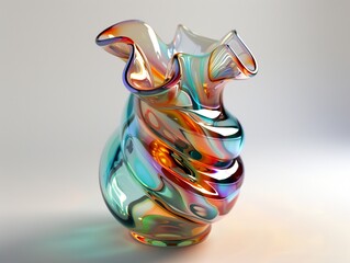 A swirling, iridescent glass vase with a contemporary design.