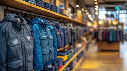 Casual jackets displayed on shelves in a retail store during the evening