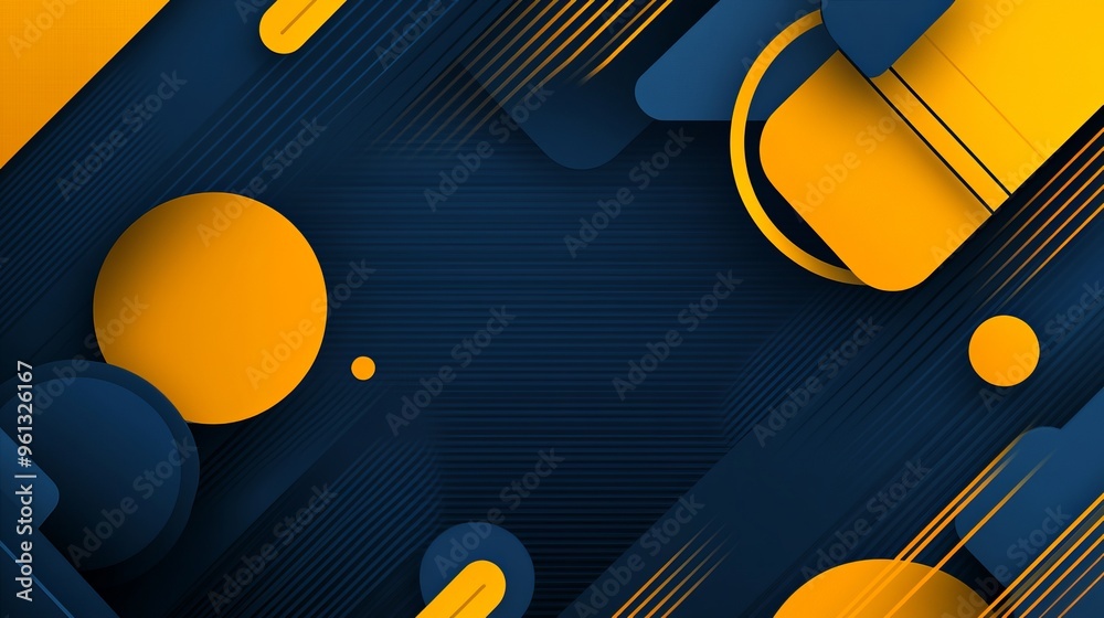 Poster Abstract blue and yellow shapes with circles and lines on a dark background