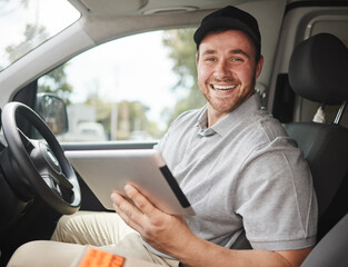 Portrait, tablet or happy delivery man in vehicle for directions to location or box shipping address. Online order, logistics or courier worker in car for ecommerce package or checklist in Canada
