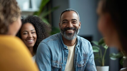Fototapeta premium Smiling Group of Diverse Friends Enjoying Quality Time Together in a Cozy Modern Living Room Setting
