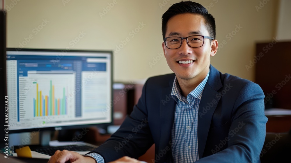 Poster professional businessman smiling at desk with computer screens displaying data and charts in office 