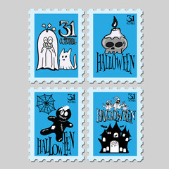 Halloween post stamps  character design illustration. Set of cuet Halloween elements. On  Background