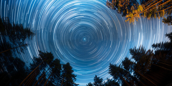 Captivating circumpolar night sky above a tranquil forest with swirling star trails captured during a serene evening in nature. Space pattern background 