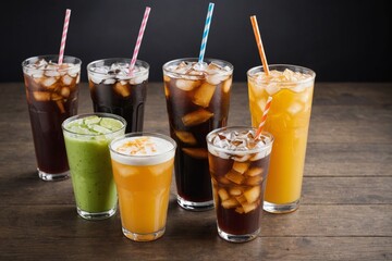 Overview of beverages, cold drinks in a cup, take away