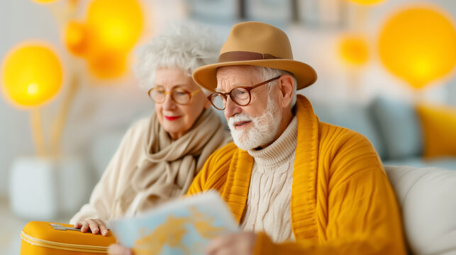 An older couple enjoys their time together, studying a map as they make travel plans. The warm, cozy atmosphere is highlighted by soft lighting and comfortable attire