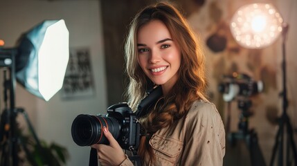 Young Female Photographer Smiling in Professional Studio with Camera and Lighting Equipment