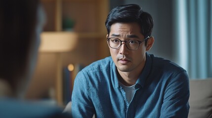 Naklejka premium Thoughtful Young Man Wearing Glasses in a Casual Setting, Engaged in a Serious Conversation at Home