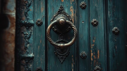 A close-up of an ornate door with a decorative knocker and weathered wooden panels.