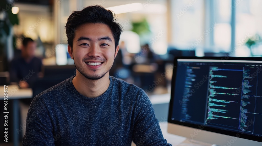 Poster young professional smiling in modern office with computer screen displaying code
