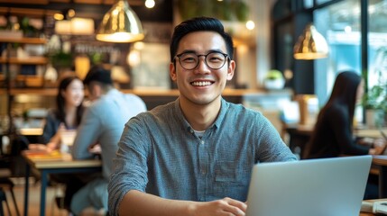 Fototapeta premium Young Professional Man Smiling While Working on Laptop in Modern Cafe with Warm Lighting and Cozy Atmosphere