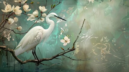 A white egret perches on a branch of a blossoming tree, its plumage blending with the soft, ethereal background.