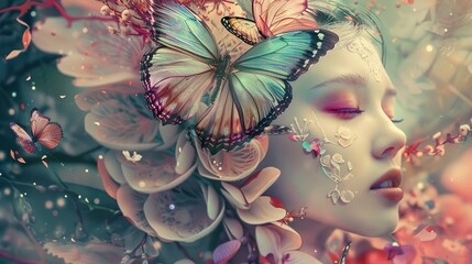 A woman with her eyes closed, surrounded by delicate flowers and butterflies.