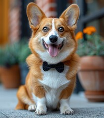 Happy Corgi with a Bow Tie