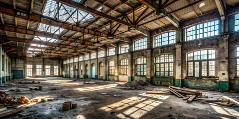 Fototapeta premium Echoes of Industry: A haunting panorama of an abandoned factory, sunlight streaming through broken windows onto a dusty floor, remnants of a bygone era. 