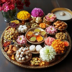 A golden tray filled with an assortment of sweets, nuts, flowers, and other treats for a special occasion.