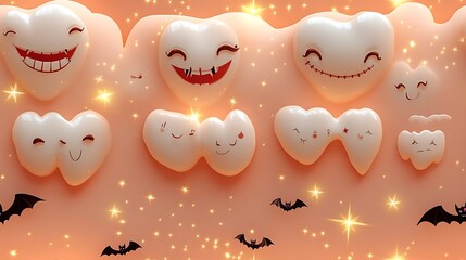 Obraz premium A seamless pattern of smiling vampire teeth, with twinkling stars and tiny bats floating around them, soft pastel colors and glowing light, creating a playful Halloween vibe, hd quality, natural look.