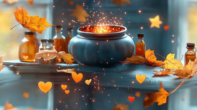 A sweet cauldron bubbling with hearts and magical sparks, surrounded by potion bottles, floating stars, and autumn leaves, soft whimsical Halloween theme, hd quality, natural look.